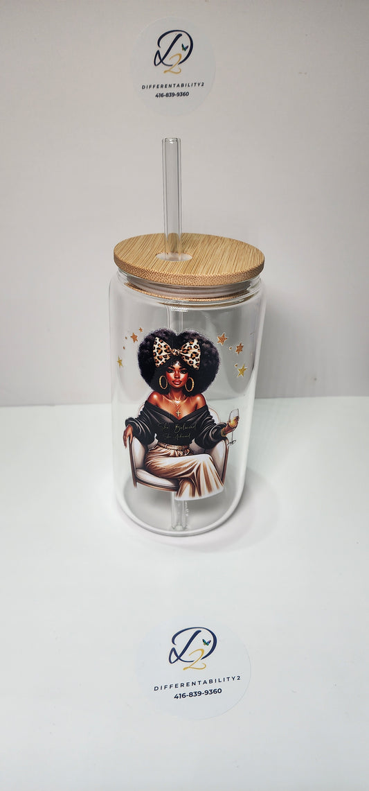 Bamboo Lid, Glass Tumbler with reusable glass straw.